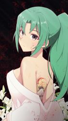 Rule 34 | 1girl, back tattoo, blood, blood on clothes, blood on face, blood splatter, breasts, flower, from behind, frown, green eyes, green hair, highres, higurashi no naku koro ni, irezumi, large breasts, lily (flower), long hair, looking at viewer, looking back, mask, off shoulder, oni mask, parted bangs, ponytail, robe, solo, sonozaki mion, tattoo, tonogai yoshiki