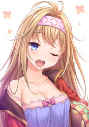 Rule 34 | 1girl, blonde hair, blue camisole, blue eyes, blush, camisole, carrying, carrying under arm, collarbone, commentary request, granblue fantasy, hair intakes, hairband, head tilt, highres, jacket, jeanne d&#039;arc (granblue fantasy), long hair, one eye closed, open clothes, open jacket, open mouth, pink hairband, red jacket, round teeth, simple background, solo, strap slip, stuffed animal, stuffed toy, tears, teeth, tomo (tmtm mf mf), upper body, upper teeth only, white background, yawning