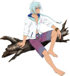 Rule 34 | 1boy, aqua hair, artist request, barefoot, blue eyes, braid, commentary, drawstring, english commentary, feet, hair between eyes, highres, hood, hoodie, legs, log, long hair, male focus, male swimwear, official art, purple male swimwear, purple swim trunks, shirt, simple background, sitting, solo, swim trunks, swimsuit, tales of (series), tales of asteria, tales of rebirth, toenails, toes, transparent background, veigue lungberg, white background, white hoodie
