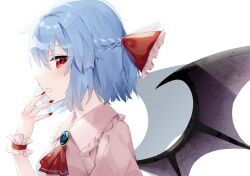 Rule 34 | 1girl, ascot, bat wings, blue brooch, blue hair, braid, brooch, collared shirt, french braid, frilled shirt collar, frills, from side, hand to own mouth, highres, jewelry, nail polish, no headwear, pink shirt, puffy short sleeves, puffy sleeves, red ascot, red eyes, red nails, remilia scarlet, shadow, shirt, short hair, short sleeves, simple background, solo, suikario, touhou, upper body, white background, wings, wrist cuffs