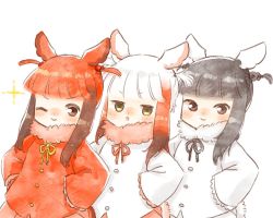 Rule 34 | 3girls, alternate hairstyle, bird tail, bird wings, black-headed ibis (kemono friends), black hair, blush, braid, commentary request, frilled sleeves, frills, fur collar, hair bobbles, hair ornament, hair tie, hands on own hips, head wings, japanese crested ibis (kemono friends), kemono friends, long sleeves, moeki (moeki0329), multicolored hair, multiple girls, neck ribbon, one eye closed, red hair, ribbon, scarlet ibis (kemono friends), short hair, sidelocks, smile, tail, twin braids, twintails, twintails day, upper body, white hair, wings