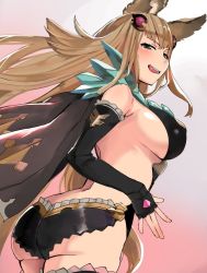 Rule 34 | 10s, 1girl, alternate breast size, animal ears, ass, black gloves, black panties, blush, breasts, brown hair, cape, elbow gloves, erune, fox ears, gloves, gradient background, granblue fantasy, hair ornament, large breasts, long hair, metera (granblue fantasy), nuko (mikupantu), open mouth, panties, simple background, smile, solo, tongue, tongue out, underwear