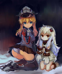 Rule 34 | 10s, 2girls, absurdres, abyssal ship, anklet, ass, bad id, bad pixiv id, black ribbon, black skirt, blonde hair, blue eyes, cross, dress, finger to face, finger to own chin, gloves, hair ribbon, hat, highres, horns, iron cross, jewelry, kantai collection, kawamukai, kneeling, long hair, long sleeves, microskirt, military, military uniform, mittens, multiple girls, no nose, northern ocean princess, orange eyes, over-kneehighs, pale skin, panties, peaked cap, pleated skirt, prinz eugen (kancolle), ribbon, skirt, sleeveless, sleeveless dress, smile, thighhighs, twintails, underwear, uniform, white dress, white gloves, white hair, white panties