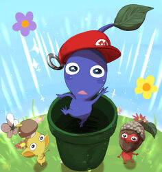 Rule 34 | acorn, black eyes, blue eyes, blue pikmin, blue skin, blue sky, blush stickers, cabbie hat, colored skin, commentary request, day, emphasis lines, field, flower, flower field, grass, hat, helm, helmet, highres, jumping, leaf, looking at viewer, mario (series), mario hat, mushroom hat, nintendo, no humans, no mouth, pikmin (creature), pikmin (series), pikmin bloom, pointy ears, pointy nose, purple flower, red headwear, red pikmin, red skin, shadow, sky, straight-on, triangle mouth, usuba (hatomugip), warp pipe, white flower, yellow flower, yellow pikmin, yellow skin