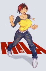 Rule 34 | 1girl, belt, breasts, dead or alive, denim, highres, jeans, large breasts, mila (doa), pants, red hair, shoes, short hair, short sleeves, snowcie, tecmo