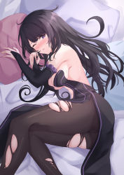 Rule 34 | 1girl, absurdres, backless dress, backless outfit, bed, black dress, black hair, breasts, bridal gauntlets, center opening, cleavage, detached sleeves, dress, elsa granhilte, frilled sleeves, frills, highres, large breasts, long hair, lying, one eye closed, pantyhose, purple eyes, re:zero kara hajimeru isekai seikatsu, revealing clothes, sideboob, solo, torn clothes