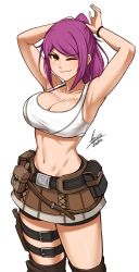 Rule 34 | 1girl, ;), absurdres, airisubaka, armpits, arms up, artist name, bare arms, bare shoulders, belt pouch, bike shorts, bike shorts under skirt, breasts, brown eyes, collarbone, commentary, crop top, english commentary, highres, holster, large breasts, leah (airisubaka), looking at viewer, midriff, miniskirt, navel, one eye closed, original, ponytail, pouch, purple hair, signature, simple background, skirt, smile, solo, tank top, thigh holster, thigh strap, thighhighs, thighs, v-shaped eyebrows, white background, white tank top