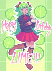Rule 34 | 1girl, :3, black jacket, brown footwear, buttons, cake, cake slice, donuqx, english text, fang, food, fork, fruit, green background, green hair, green theme, hair ribbon, happy birthday, highres, holding, holding fork, holding plate, jacket, juliet sleeves, leg up, light blush, lime (fruit), lime (witch&#039;s heart), long hair, long sleeves, looking at viewer, open mouth, outline, plate, pleated skirt, puffy sleeves, red eyes, red ribbon, red skirt, ribbon, short twintails, skirt, solo, twintails, very long hair, white outline, witch&#039;s heart