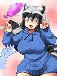 Rule 34 | 1girl, 1other, ^ ^, alternate costume, animal ears, black hair, blush, breasts, closed eyes, commentary request, common raccoon (kemono friends), condom, cowboy shot, drawstring, eyelashes, fang, fingernails, grey hair, hair between eyes, hands up, happy, highres, hood, hood down, hoodie, isna (footprintsofisna), kemono friends, large breasts, leaning forward, long bangs, long sleeves, medium hair, multicolored hair, no pants, open mouth, pocket, raccoon ears, raccoon girl, raccoon tail, smile, solo focus, sweat, tail, taut clothes, taut sweater, white hair