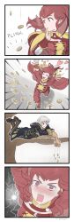 Rule 34 | 1boy, 1girl, 4koma, anna (fire emblem), arms up, black eyes, black robe, blush, boots, branch, breasts, brown footwear, cape, closed eyes, coin, comic, commentary, dryadese (artist), english commentary, fingerless gloves, fire emblem, fire emblem awakening, floating hair, gloves, grin, hood, hood down, hooded robe, index finger raised, long hair, lying, medium breasts, money, money rain, nintendo, open mouth, ponytail, red cape, red eyes, red gloves, red hair, robe, robin (fire emblem), robin (male) (fire emblem), short hair, sidelocks, signature, smile, tree, valentine, white hair