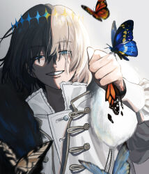 Rule 34 | 1boy, animal, bug, butterfly, chenjuee, fairy, fate/grand order, fate (series), halo, highres, holding, holding animal, insect, long hair, looking at viewer, male focus, oberon (fate), oberon (third ascension) (fate), shirt, smile, solo, spoilers, white background, white shirt