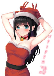 Rule 34 | 1girl, :p, absurdres, armpits, arms up, artist name, bare shoulders, bell, black hair, blue eyes, blush, breasts, choker, christmas, cielo (cielo000328), cleavage, closed mouth, commentary request, double v, dress, fur-trimmed dress, fur trim, gloves, hat, highres, long hair, looking at viewer, medium breasts, merry christmas, neck bell, original, red choker, red dress, red gloves, red hat, santa costume, santa dress, santa gloves, santa hat, sidelocks, simple background, smile, solo, standing, tongue, tongue out, translated, v, white background