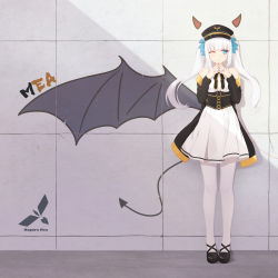 Rule 34 | 1girl, absurdres, against wall, bad id, bad pixiv id, bare shoulders, black footwear, black hat, black jacket, black ribbon, blue eyes, breasts, character name, closed mouth, collared dress, commentary, drawn horns, drawn tail, drawn wings, dress, gold trim, graffiti, hair ornament, hands up, hat, highres, jacket, jewelry, kagura gumi, kagura mea, long hair, long sleeves, looking at viewer, medium breasts, neck ribbon, off shoulder, one eye closed, open clothes, open jacket, pantyhose, peaked cap, ribbon, ring, rko (a470350510), shoes, sleeveless, sleeveless dress, solo, standing, steepled fingers, twintails, underbust, virtual youtuber, white dress, white hair, white pantyhose