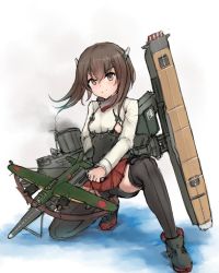 Rule 34 | 1girl, aircraft, airplane, bike shorts, black thighhighs, bow (weapon), brown eyes, brown hair, commentary request, crossbow, expressionless, flight deck, full body, headband, headgear, k jie, kantai collection, looking at viewer, machinery, on one knee, p1y ginga, pleated skirt, red skirt, short hair, simple background, skirt, smoke, smokestack, solo, split mouth, squatting, taihou (kancolle), thighhighs, weapon, white background, yokosuka p1y