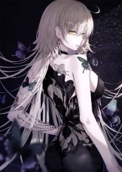 Rule 34 | 1girl, back, bare shoulders, breasts, bug, butterfly, cleavage, commentary request, dress, earrings, eyes visible through hair, fate/grand order, fate (series), grey hair, hair between eyes, highres, insect, jeanne d&#039;arc (fate), jeanne d&#039;arc alter (avenger) (fate), jeanne d&#039;arc alter (fate), jewelry, long hair, looking at viewer, medium breasts, sleeveless, solo, tsurukame, upper body, yellow eyes