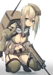 Rule 34 | 1girl, antennae, assault rifle, backpack, bag, belt, beret, blue eyes, blush, breasts, brown hair, brown thighhighs, cleavage, clip (weapon), fingerless gloves, fn scar, gloves, goggles, goggles around neck, gradient background, gun, hair between eyes, hat, highres, katsudansou, kneeling, long sleeves, looking at viewer, magazine (weapon), original, rifle, simple background, smile, solo, squatting, thighhighs, utility belt, weapon, white background