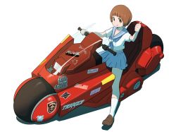 Rule 34 | 1girl, absurdres, akira (manga), bob cut, brand new animal, breasts, brown eyes, brown hair, closed mouth, company connection, copyright name, crossover, cyberpunk (series), cyberpunk edgerunners, full body, highres, inferno cop, kaneda shoutarou&#039;s bike, kill la kill, little witch academia, looking at viewer, mankanshoku mako, motor vehicle, motorcycle, promare, psylduck, school uniform, serafuku, short hair, simple background, sitting, skirt, smile, solo, sticker, thumbs up, white background