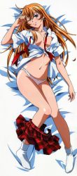 Rule 34 | 00s, 1girl, ;), ahoge, antenna hair, bed sheet, blonde hair, blue eyes, blush, bobby socks, breasts, breasts apart, buttons, dakimakura (medium), earrings, from above, full body, hair between eyes, head tilt, highres, ikkitousen, ikkitousen great guardians, indoors, jewelry, knees together feet apart, large breasts, legs, light smile, long hair, long image, long legs, looking at viewer, lying, magatama, miniskirt, narrow waist, navel, necktie, no bra, official art, on back, on bed, one eye closed, open clothes, open shirt, open skirt, orange hair, panties, plaid, plaid skirt, pleated skirt, red skirt, rin-sin, scan, school uniform, shirt, short sleeves, single earring, skirt, skirt around one leg, smile, socks, solo, sonsaku hakufu, tall image, unbuttoned, underwear, untied, very long hair, white panties, white shirt, wing collar