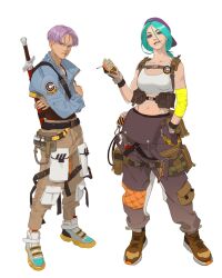 Rule 34 | 1boy, 1girl, aqua hair, backwards hat, bare shoulders, baseball cap, belt, belt pouch, between fingers, blue eyes, blue jacket, brown footwear, brown pants, brown shirt, bulma, bulma (future), cigarette, commentary, contrapposto, cropped jacket, dragon ball, dragonball z, elbow sleeve, english commentary, frown, full body, furrowed brow, gloves, grey gloves, grey overalls, hair between eyes, hand up, hat, highres, holding, holding cigarette, jacket, long sleeves, midriff, mother and son, multicolored footwear, navel, overalls, overalls pull, pants, parted bangs, parted hair, pocket, pouch, purple hair, purple headwear, rye d0, self hug, shirt, shoes, simple background, smirk, standing, sword, tank top, trunks (dragon ball), trunks (future) (dragon ball), weapon, weapon on back, white background, white tank top, wrinkled skin