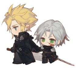 Rule 34 | 2boys, age difference, aged down, armor, belt, black coat, black footwear, black gloves, black pants, black sweater, black vest, blonde hair, blood, blood in hair, blood on face, blue eyes, boots, brown belt, chest strap, chibi, cloud strife, coat, earrings, expressionless, facing to the side, final fantasy, final fantasy vii, final fantasy vii advent children, final fantasy vii ever crisis, full body, gloves, green eyes, grey hair, height difference, high collar, holding, holding hands, holding sword, holding weapon, jewelry, katana, knee boots, long sleeves, male focus, maomaoyu, multiple boys, open clothes, open coat, pants, parted bangs, pauldrons, sephiroth, short hair, shoulder armor, shoulder strap, simple background, single pauldron, spiked hair, stud earrings, sweater, sword, time paradox, turtleneck, turtleneck sweater, vest, waist cape, walking, weapon, white background