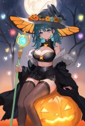 Rule 34 | 1girl, alternate costume, bare shoulders, black hat, black jacket, black skirt, black thighhighs, blue eyes, blue hair, breasts, bug, butterfly, byleth (female) (fire emblem), byleth (fire emblem), cleavage, cleavage cutout, closed mouth, clothing cutout, commentary request, fire emblem, fire emblem: three houses, fur-trimmed jacket, fur trim, halloween, halloween costume, hat, highres, holding, holding staff, insect, jack-o&#039;-lantern, jacket, large breasts, long hair, looking at viewer, midriff, moon, night, night sky, nintendo, off shoulder, outdoors, pumpkin, sitting, skirt, sky, solo, staff, thighhighs, tree, witch hat, yuurururun