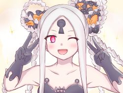 Rule 34 | 1girl, abigail williams (fate), abigail williams (swimsuit foreigner) (fate), abigail williams (swimsuit foreigner) (first ascension) (fate), bare shoulders, bikini, black bikini, black bow, blush, bow, breasts, closed eyes, collarbone, colored skin, double bun, double v, fate/grand order, fate (series), forehead, hair bun, hat, keyhole, long hair, looking at viewer, multiple bows, open mouth, orange bow, parted bangs, pink eyes, re-tori, sidelocks, small breasts, smile, sparkle, swimsuit, third eye, v, very long hair, white hair, white skin