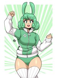 Rule 34 | + +, 1girl, arm up, bloomers, blush, commission, green eyes, green hair, green jacket, hair ornament, hairclip, highres, jacket, long sleeves, looking at viewer, messy hair, open mouth, original, short hair, smile, solo, taggo, teeth, thighhighs, track jacket, underwear, upper teeth only, white thighhighs, zipper, zipper pull tab