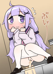 Rule 34 | 1girl, azur lane, bar censor, bathroom, blush, censored, female focus, indoors, long hair, panties, panty pull, peeing, puddle, purple eyes, purple hair, pussy, shoes, solo, squat toilet, squatting, toilet, toilet paper, toilet use, twintails, underwear, unicorn (azur lane), you&#039;re doing it wrong