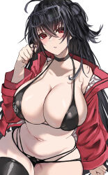 Rule 34 | 1girl, alexi oekaki, azur lane, bikini, black bikini, black choker, black hair, blush, breasts, choker, cleavage, crossed bangs, hand up, highres, jacket, large breasts, long hair, long sleeves, looking at viewer, navel, official alternate costume, open clothes, open jacket, parted lips, red eyes, red jacket, sideboob, simple background, solo, swimsuit, taihou (azur lane), taihou (enraptured companion) (azur lane), white background