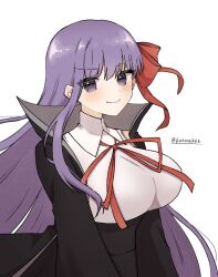 Rule 34 | 1girl, artist request, bb (fate), bb (fate/extra), breasts, cowboy shot, fate/extra, fate (series), female focus, hair ribbon, large breasts, long hair, long sleeves, looking at viewer, matching hair/eyes, purple eyes, purple hair, red ribbon, ribbon, simple background, smile, solo, solo focus, standing, twitter username, upper body, very long hair, white background