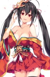 Rule 34 | 1girl, :d, ahoge, azur lane, bare shoulders, black hair, black thighhighs, blush, bow, breasts, cleavage, collarbone, commentary request, fingernails, hair between eyes, hair ribbon, hand up, head tilt, highres, japanese clothes, kimono, large breasts, long hair, looking at viewer, mask, mask on head, obi, off shoulder, open mouth, petals, pleated skirt, red eyes, red kimono, red ribbon, red skirt, ribbon, sash, simple background, skirt, smile, solo, striped, striped bow, taihou (azur lane), teeth, thighhighs, twintails, unacchi (nyusankin), upper teeth only, very long hair, white background, white bow
