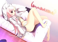 Rule 34 | 00s, 1girl, aoi mikan, barefoot, bottomless, long hair, lucy maria misora, lying, no bra, open clothes, open shirt, panties, pink hair, red eyes, shirt, solo, to heart (series), to heart 2, underwear, white panties