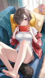 Rule 34 | 1girl, black cat, black shorts, breasts, brown hair, cat, cellphone, commentary request, couch, highres, holding, holding phone, indoors, jacket, long sleeves, medium breasts, milk carton, nima (niru54), off shoulder, original, phone, pillow, purple eyes, red jacket, shirt, short hair, short shorts, shorts, smartphone, solo, thighs, white shirt
