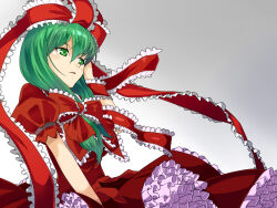 Rule 34 | 1girl, bow, colorized, dig (digu16), dress, frilled bow, frilled dress, frilled ribbon, frills, front ponytail, gradient background, green eyes, green hair, grey background, hair bow, hair ribbon, highres, kagiyama hina, puffy short sleeves, puffy sleeves, red bow, red dress, red ribbon, ribbon, short sleeves, solo, touhou, yet you