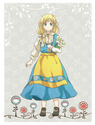 Rule 34 | 1girl, amulet, apron, black footwear, blonde hair, blouse, blue dress, bouquet, bow, buckle, clenched hand, commentary request, dress, expressionless, floral print, flower, green eyes, hair bow, hand on own chest, holding, holding bouquet, lannyhikari, long hair, looking at viewer, open hand, original, shirt, solo, swedish clothes, white shirt, yellow apron