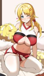 Rule 34 | 1girl, ;d, ahoge, blonde hair, blush, breasts, cheerleader, cleavage, cleavage cutout, clothing cutout, collarbone, crop top, grin, hachimiya meguru, heart, highres, holding, holding pom poms, idolmaster, idolmaster shiny colors, large breasts, miniskirt, navel, on bed, one eye closed, open mouth, pom pom (cheerleading), pom poms, shirt, sitting, skirt, sleeveless, sleeveless shirt, smile, solo, thighhighs, thighs, twintails, two-tone skirt, white thighhighs, za yu a