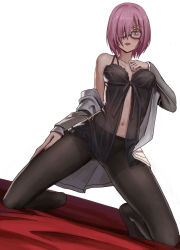Rule 34 | 1girl, black-framed eyewear, black negligee, black pantyhose, breasts, clothes down, collarbone, dutch angle, fate/grand order, fate (series), glasses, grey jacket, highres, jacket, kneeling, lingerie, long sleeves, looking at viewer, mash kyrielight, medium breasts, midriff, navel, negligee, pantyhose, pink hair, red eyes, short hair, simple background, solo, spread legs, stomach, tongue, tongue out, underwear, white background, xukong