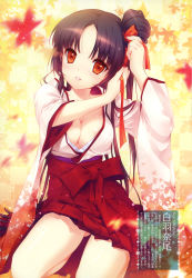 Rule 34 | 1girl, absurdres, adjusting hair, areola slip, black hair, breasts, cleavage, hakama, highres, image sample, japanese clothes, kneeling, large breasts, leaf, leaf background, leaf print, lips, long hair, miko, no bra, open clothes, parted bangs, red eyes, red hakama, ribbon, shirahane nao, solo, thighs, tying hair, wide sleeves