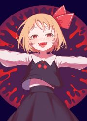 Rule 34 | 1girl, :d, absurdres, ascot, black skirt, blonde hair, blush, e sdss, fangs, hair ribbon, highres, long sleeves, looking at viewer, neck bobbles, open mouth, outstretched arms, red background, red eyes, ribbon, rumia, sharp teeth, shirt, short hair, skirt, smile, solo, spread arms, teeth, tongue, touhou, vest, white shirt