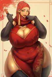 Rule 34 | 1girl, bacon, breasts, brown eyes, cleavage, cleavage cutout, clothing cutout, eyeshadow, food, highres, hijab, hood, huge breasts, jujunaught, looking at viewer, makeup, new year, plump, solo, thick thighs, thighhighs, thighs, tongue, tongue out, wide hips