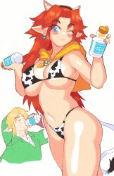 Rule 34 | 1boy, 1girl, aged up, animal print, bikini, blush stickers, bottle, breasts, cow girl, cow print, cow tail, drink, earrings, highres, holding, holding drink, horns, inkerton-kun, jewelry, large breasts, link, long hair, malon, milk, milk bottle, nintendo, one eye closed, pointy ears, print bikini, red hair, swimsuit, tail, the legend of zelda, the legend of zelda: ocarina of time