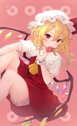 Rule 34 | 1girl, absurdres, ascot, blonde hair, bloomers, blush, bow, commentary, crystal, double-parted bangs, doughnut, eating, eyelashes, feet out of frame, flandre scarlet, food, frilled shirt collar, frills, hair between eyes, hand up, hat, hat bow, highres, holding doughnut, honotai, knees up, looking at viewer, medium hair, mob cap, pink background, puffy short sleeves, puffy sleeves, red bow, red nails, red skirt, red vest, shirt, short sleeves, side ponytail, signature, simple background, sitting, skirt, solo, thighs, touhou, tsurime, underwear, upturned eyes, vest, white bloomers, white hat, white shirt, wings, yellow ascot