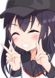 Rule 34 | 1girl, ^ ^, akatsuki (kancolle), bad id, bad pixiv id, black hat, black sailor collar, blush, closed eyes, commentary request, double v, facing viewer, fingernails, flat cap, glint, grin, hair between eyes, hands up, hat, kantai collection, long hair, purple hair, red neckwear, sailor collar, shirt, simple background, smile, solo, sutei (xfzdarkt), upper body, v, white background, white shirt