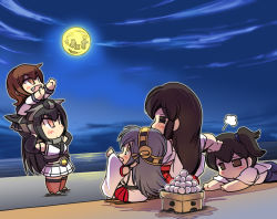 Rule 34 | 10s, 5girls, = =, akagi (kancolle), black hair, brown eyes, brown hair, chibi, detached sleeves, elbow gloves, fang, fingerless gloves, food, gloves, hand on another&#039;s head, haruna (kancolle), hisahiko, ikazuchi (kancolle), japanese clothes, kaga (kancolle), kantai collection, mochi, moon, multiple girls, nagato (kancolle), nontraditional miko, open mouth, pantyhose, pointing, red eyes, side ponytail, sitting, standing on shoulder, thighhighs, wagashi, wide sleeves, yellow eyes