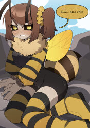 Rule 34 | absurdres, arthropod girl, bee girl, bee wings, black bodysuit, black sclera, blush, bodysuit, boots, bound, bound wrists, brown hair, colored sclera, english text, fur collar, gomulgong, highres, insect girl, insect wings, monster girl, original, rope, side ponytail, sky, stinger, striped clothes, striped thighhighs, thighhighs, wings