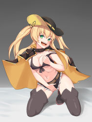 Rule 34 | 1girl, :d, areola slip, azur lane, bed sheet, belt, bikini, bikini top only, black bikini, black cape, black footwear, black hat, black ribbon, black shorts, blonde hair, boots, breasts, brown belt, cape, chinese commentary, cleavage, collarbone, commentary request, cowboy hat, crotch grab, front-tie bikini top, front-tie top, full body, grabbing own breast, green eyes, grey background, groin, hair between eyes, hair ribbon, hat, head tilt, highres, hornet (azur lane), kneeling, large breasts, long hair, looking at viewer, micro shorts, midriff, navel, off shoulder, on bed, open mouth, ribbon, ribs, shadow, shorts, sidelocks, sleeveless, smile, solo, swimsuit, teeth, the hermit, thigh boots, thighhighs, tongue, twintails, two-tone cape, upper teeth only, yellow cape