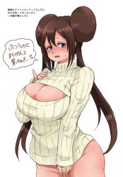 Rule 34 | 10s, 1girl, bad id, bad pixiv id, blush, bottomless, breasts, cleavage, cleavage cutout, clothing cutout, covering breasts, covering crotch, covering privates, creatures (company), double bun, embarrassed, game freak, hair bun, huge breasts, long hair, meme attire, naked sweater, niku (dance-siva), nintendo, no panties, open-chest sweater, pinky out, pokemon, pokemon bw2, ribbed sweater, rosa (pokemon), solo, speech bubble, standing, sweatdrop, sweater, translation request, turtleneck, white background
