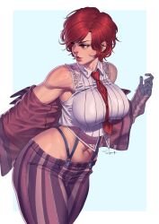 Rule 34 | 1girl, black gloves, breasts, crop top, cropped shirt, gloves, highres, large breasts, lips, lipstick, makeup, mature female, midriff, navel, necktie, pants, pinstripe pants, pinstripe pattern, red eyes, red hair, red necktie, shirt, short hair, sleeveless, snk, solo, superbull, suspenders, the king of fighters, the king of fighters xiv, vanessa (kof)