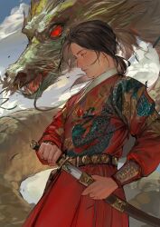 Rule 34 | 1boy, belt, blue background, blue sky, brown belt, brown eyes, brown hair, chinese clothes, chinese zodiac, closed mouth, cloud, cloudy sky, dao (weapon), dragon, eastern dragon, floating hair, hands up, highres, holding, holding sword, holding weapon, long hair, long sleeves, looking to the side, low ponytail, male focus, new year, original, sheath, sky, solo, sword, unsheathing, upper body, weapon, year of the dragon, zhongerweiyuan