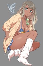 Rule 34 | 1girl, 2020, agawa ryou, artist name, breasts, brown hair, cleavage, commentary, dark-skinned female, dark skin, dated, grey background, large breasts, lips, long hair, loose socks, original, parted lips, signature, simple background, socks, solo, thick thighs, thighs, white socks
